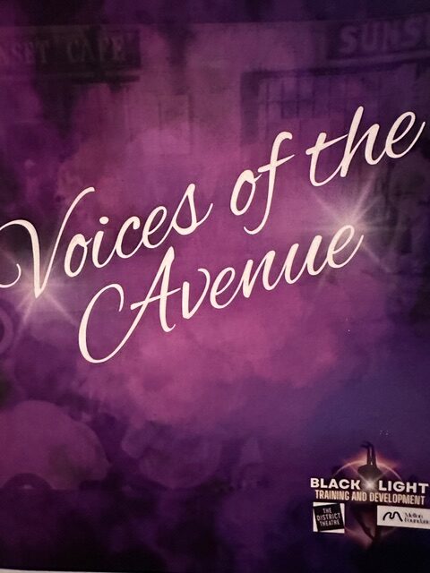 Purple poster with text "Voices of the Avenue"